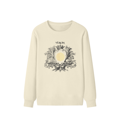 White Sweatshirt with decorative design and 'Véron' text on a white background