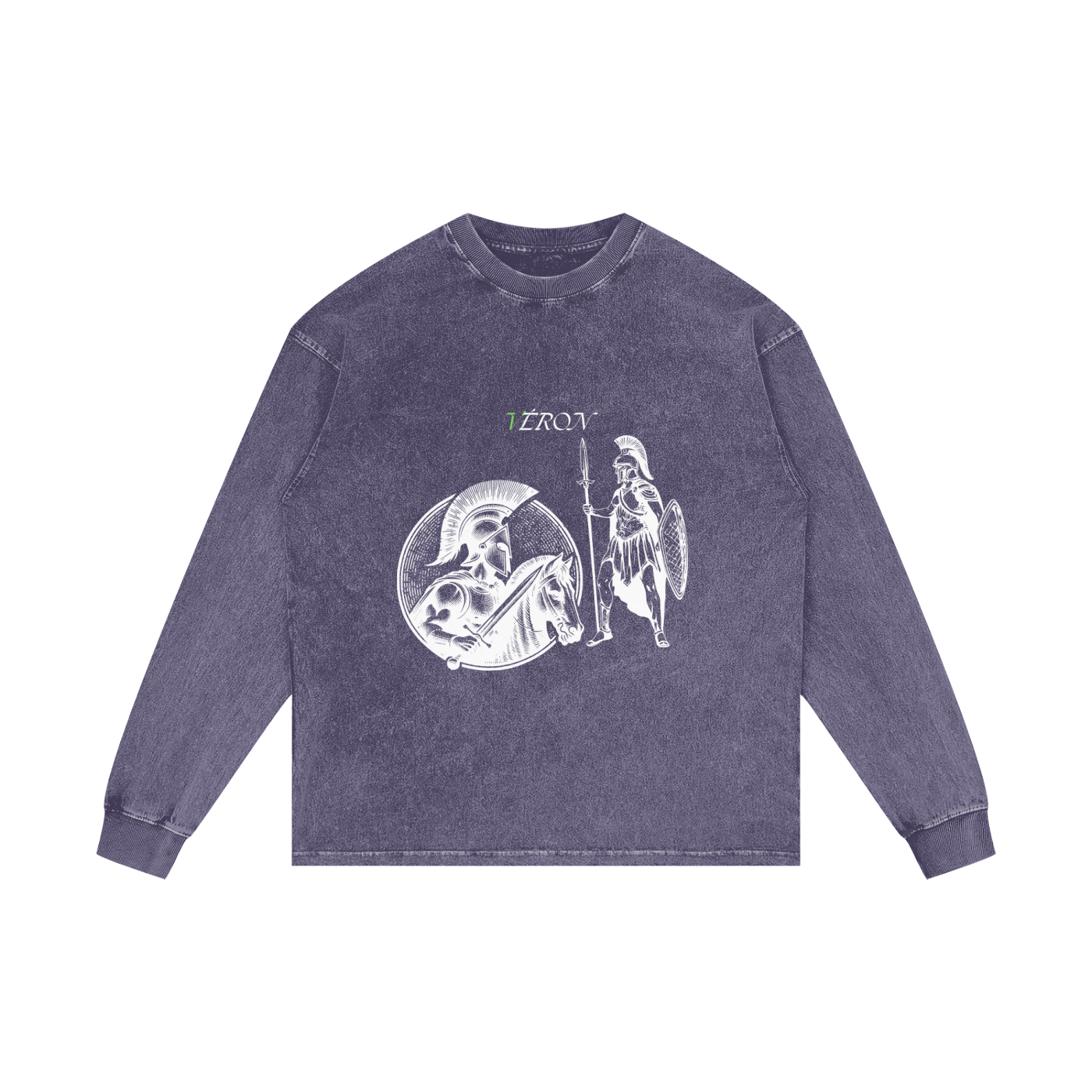 Blue long-sleeve shirt with graphic design on a white background