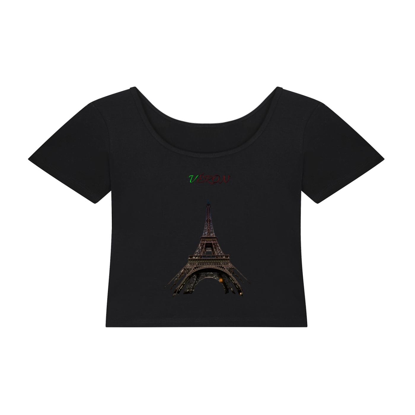 Eiffel Tower graphic close-up on VÉRON premium women’s t-shirt.