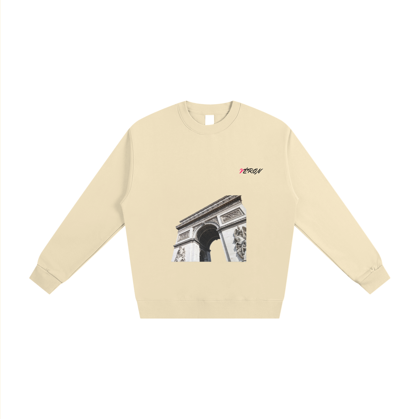 Front view of VÉRON Arc de Triomphe heavyweight unisex premium sweater in beige.