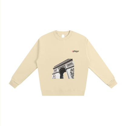 Front view of VÉRON Arc de Triomphe heavyweight unisex premium sweater in beige.