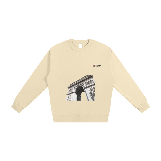 Front view of VÉRON Arc de Triomphe heavyweight unisex premium sweater in beige.