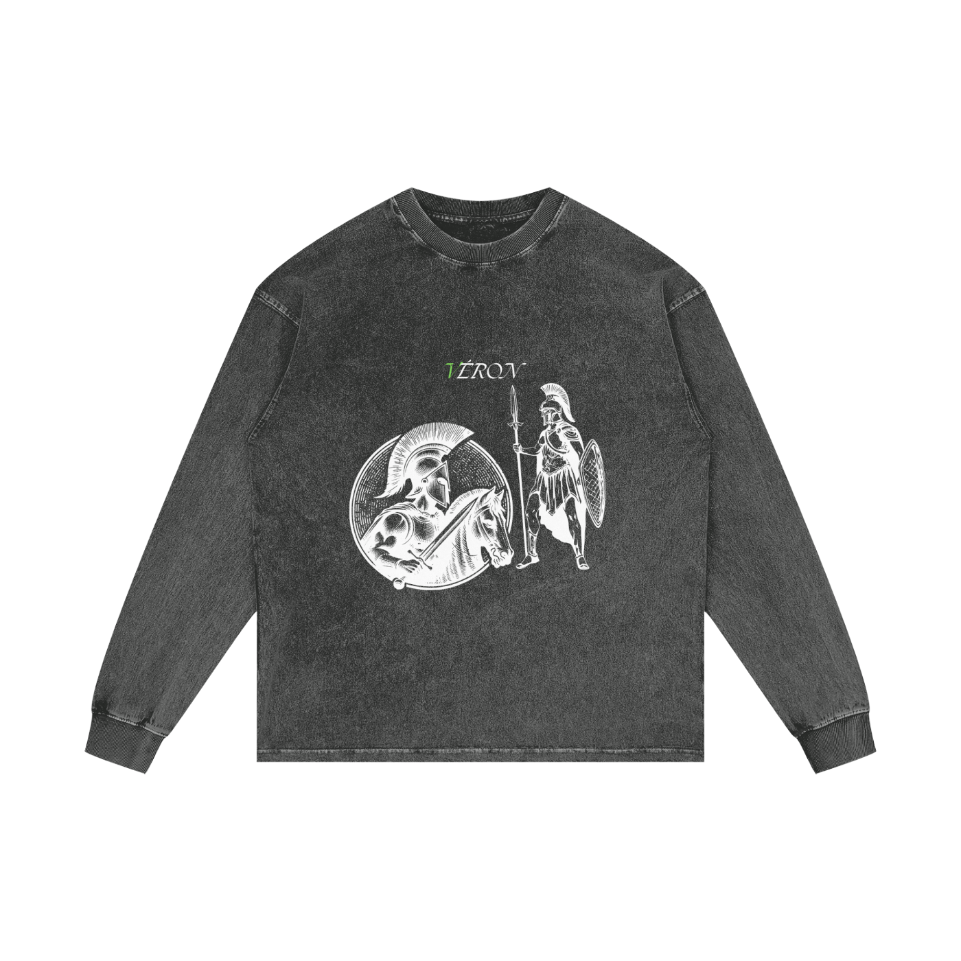 Black long-sleeve shirt with graphic design on a white background