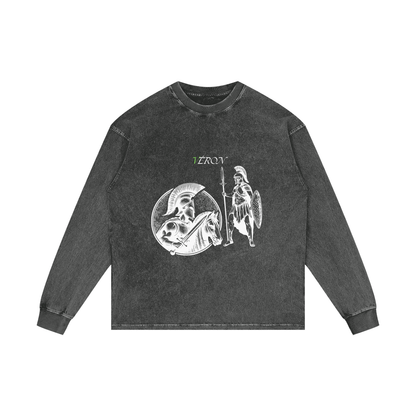 Black long-sleeve shirt with graphic design on a white background