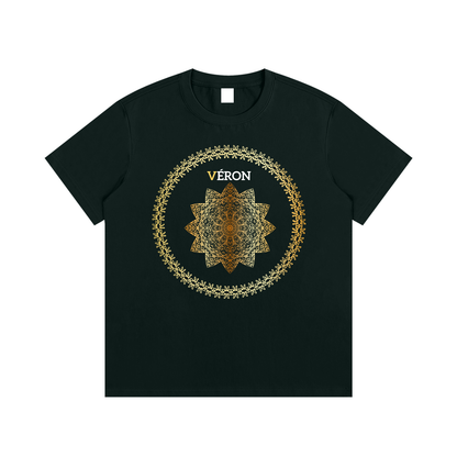 Black t-shirt with a decorative design and 'VERON' text on a white background