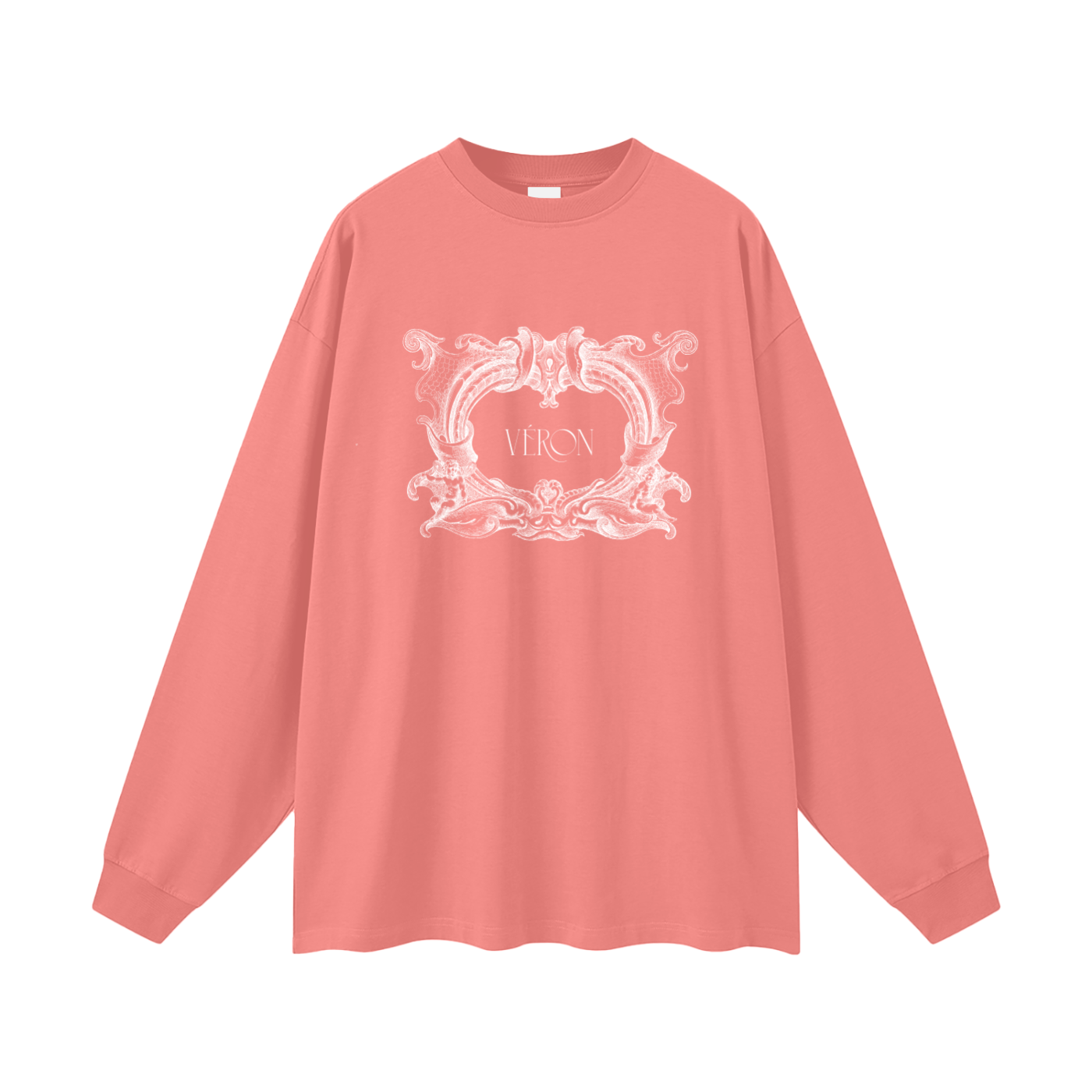 Coral long-sleeve shirt with white decorative design and text on a white background
