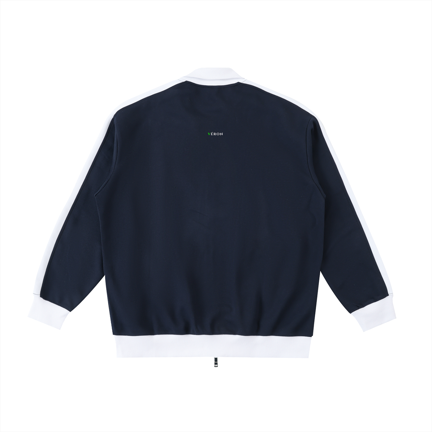 Navy blue jacket with white accents on a white background