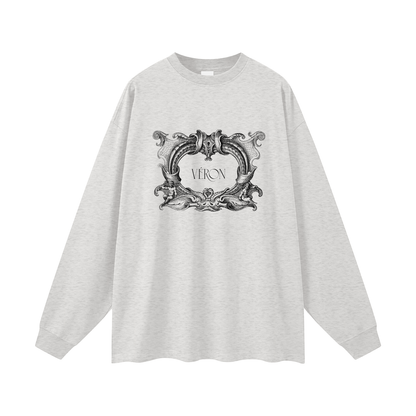 Gray long-sleeve shirt with decorative emblem and 'VERON' text on a white background