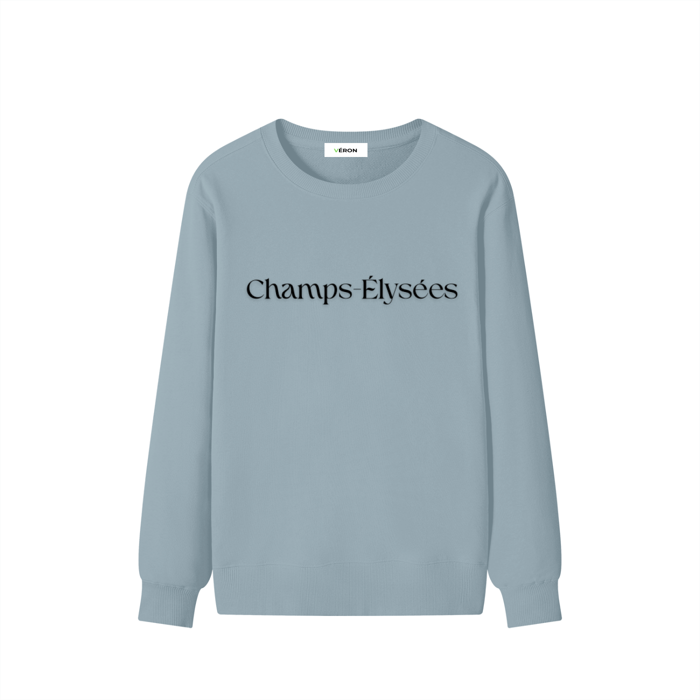 Light blue sweatshirt with 'Champs Élysées' text on a white background
