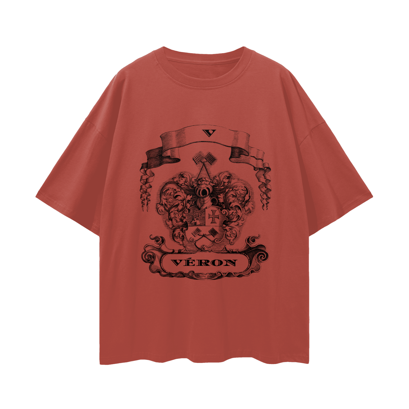 Red t-shirt with black graphic design and 'Véron' text on a white background