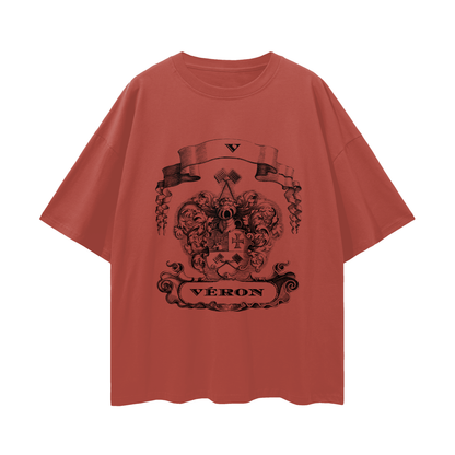 Red t-shirt with black graphic design and 'Véron' text on a white background