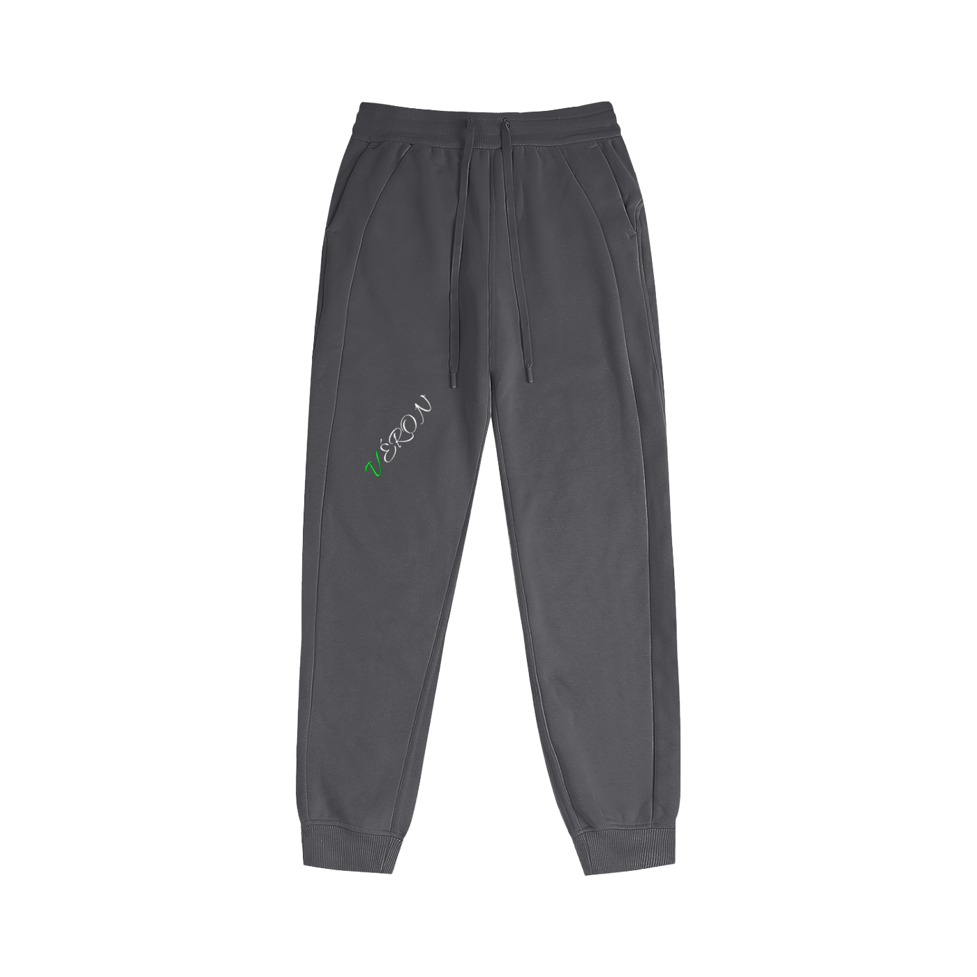Gray sweatpants with a logo on a white background.