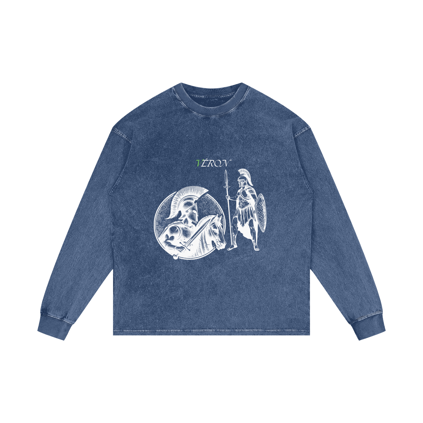 Blue long-sleeve shirt with graphic design on a white background