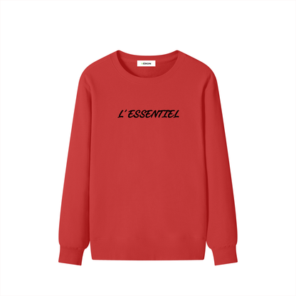 Red sweatshirt with 'L'ESSENTIEL' text on a white background
