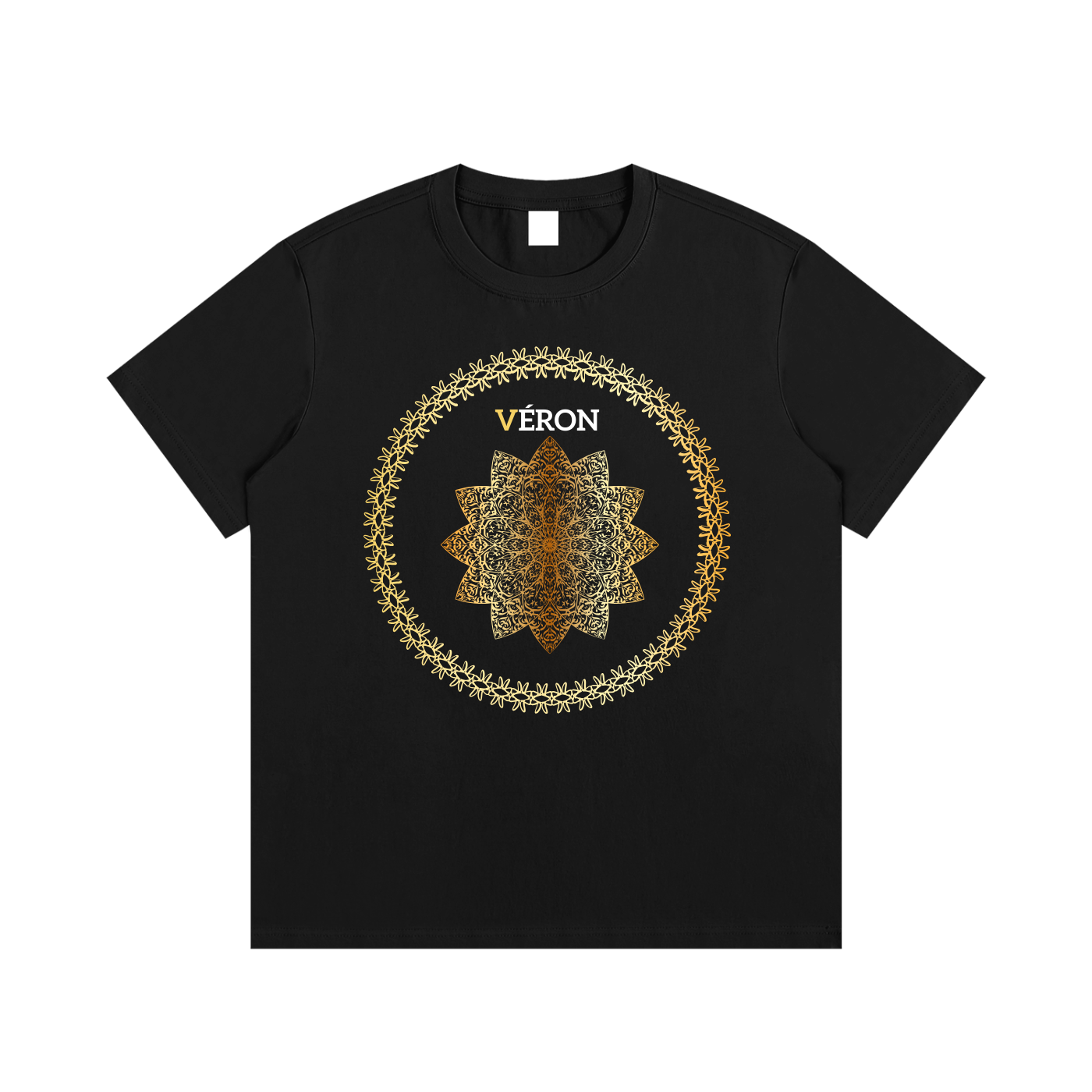 Black t-shirt with a gold and brown circular design and 'VERON' text on a white background