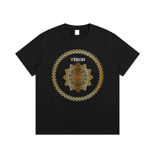 Black t-shirt with a gold and brown circular design and 'VERON' text on a white background