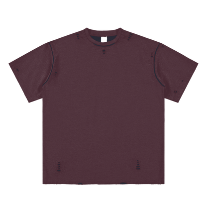 Maroon t-shirt with black accents on a white background
