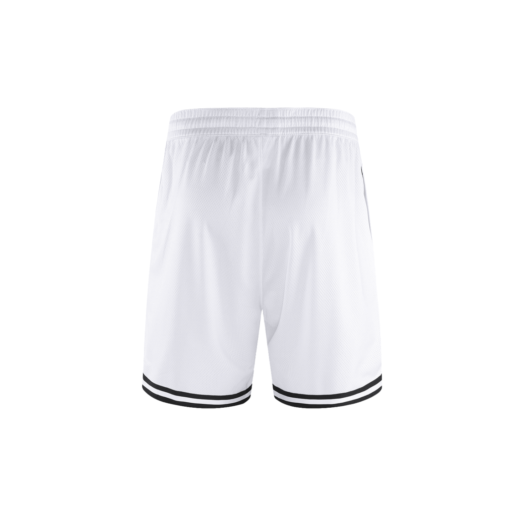 White shorts with black trim on a white background