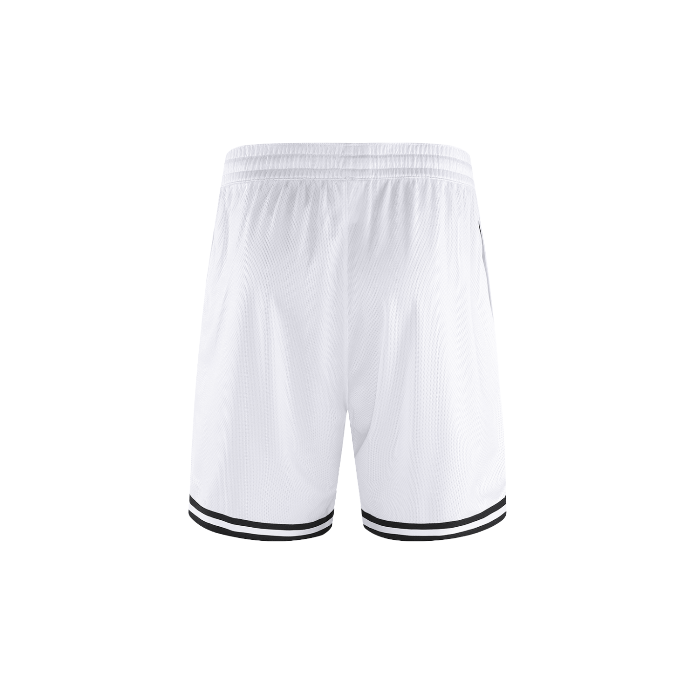 White shorts with black trim on a white background