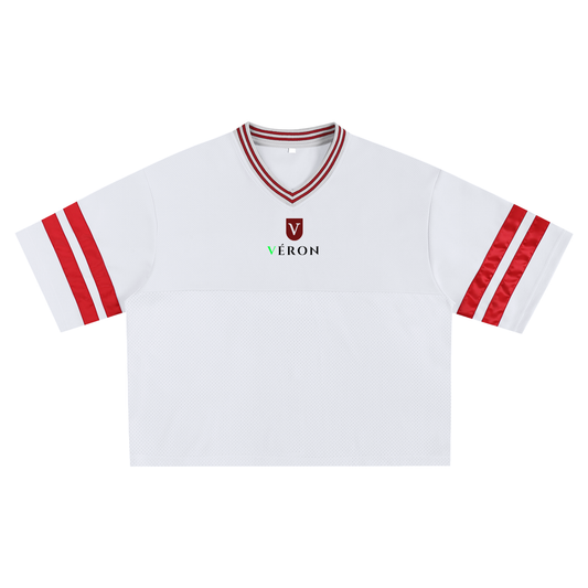 White sports jersey with red accents and 'VERON' logo on a white background