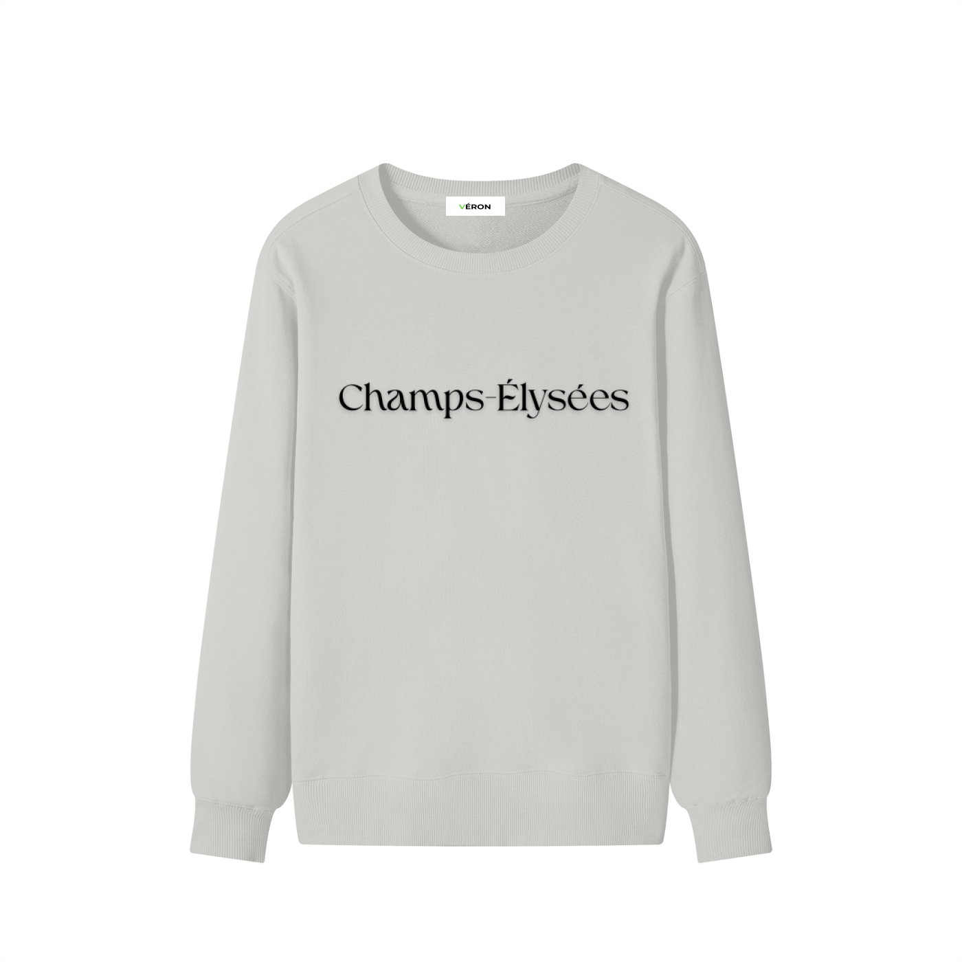Gray sweatshirt with 'Champs Élysées' text on a white background