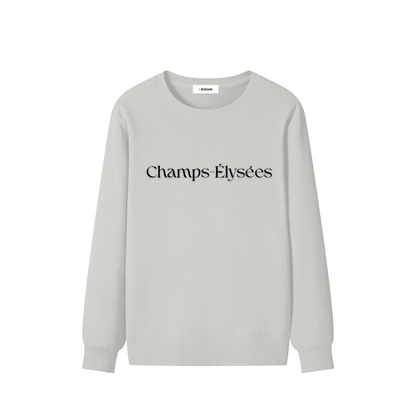Gray sweatshirt with 'Champs Élysées' text on a white background