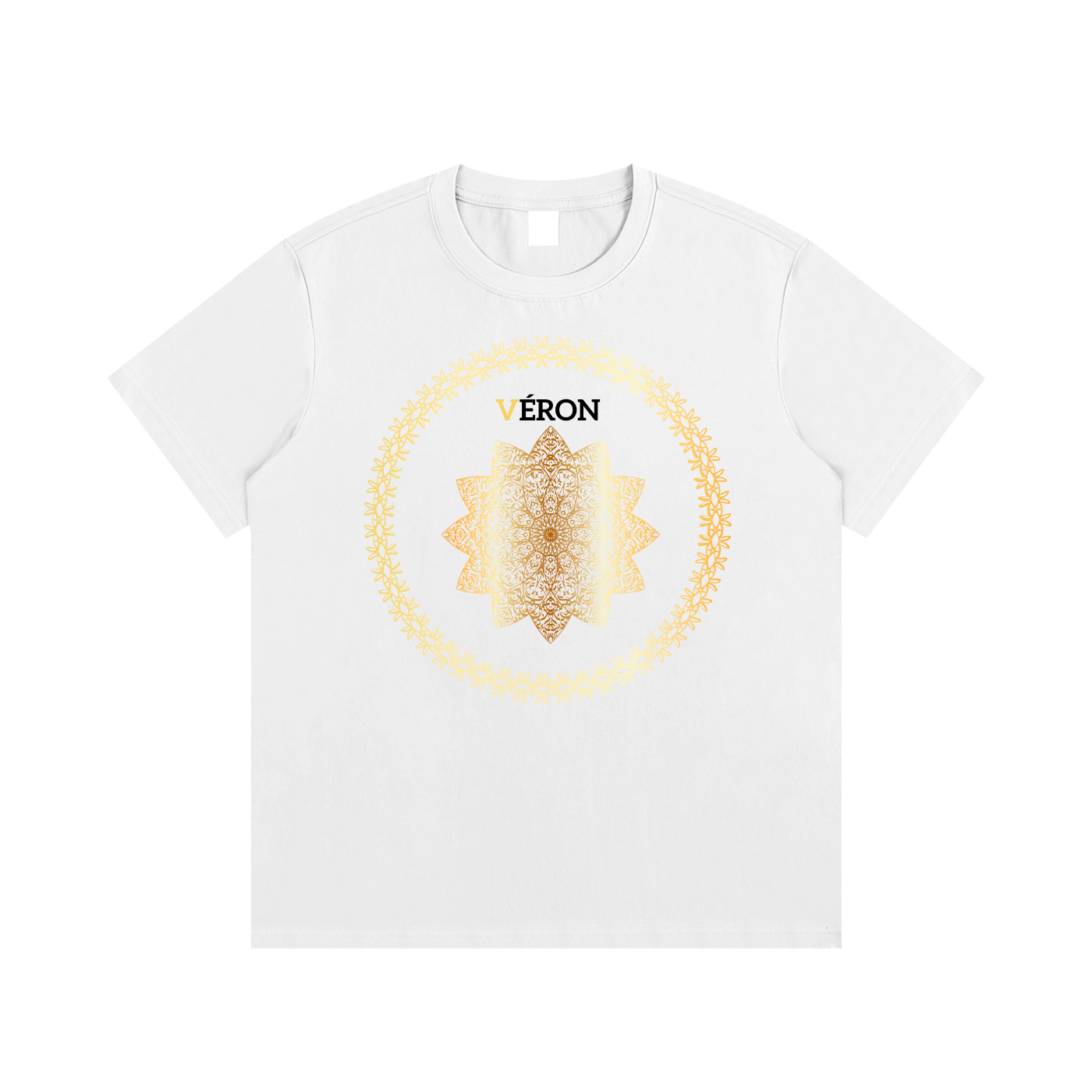 White t-shirt with a gold and black design and 'VERON' branding on a white background