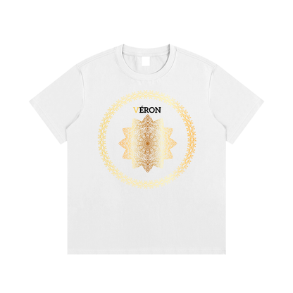 White t-shirt with a gold and black design and 'VERON' branding on a white background