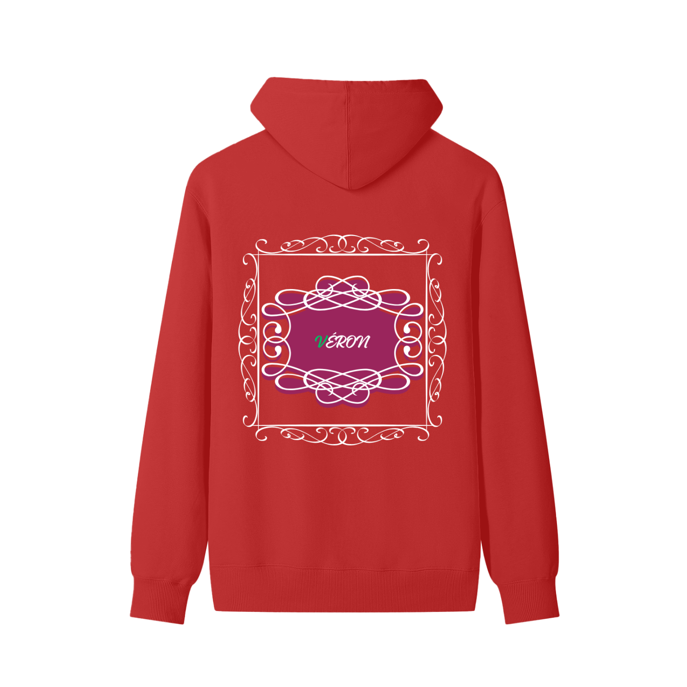 VERON Red hoodie with a decorative emblem on the back 