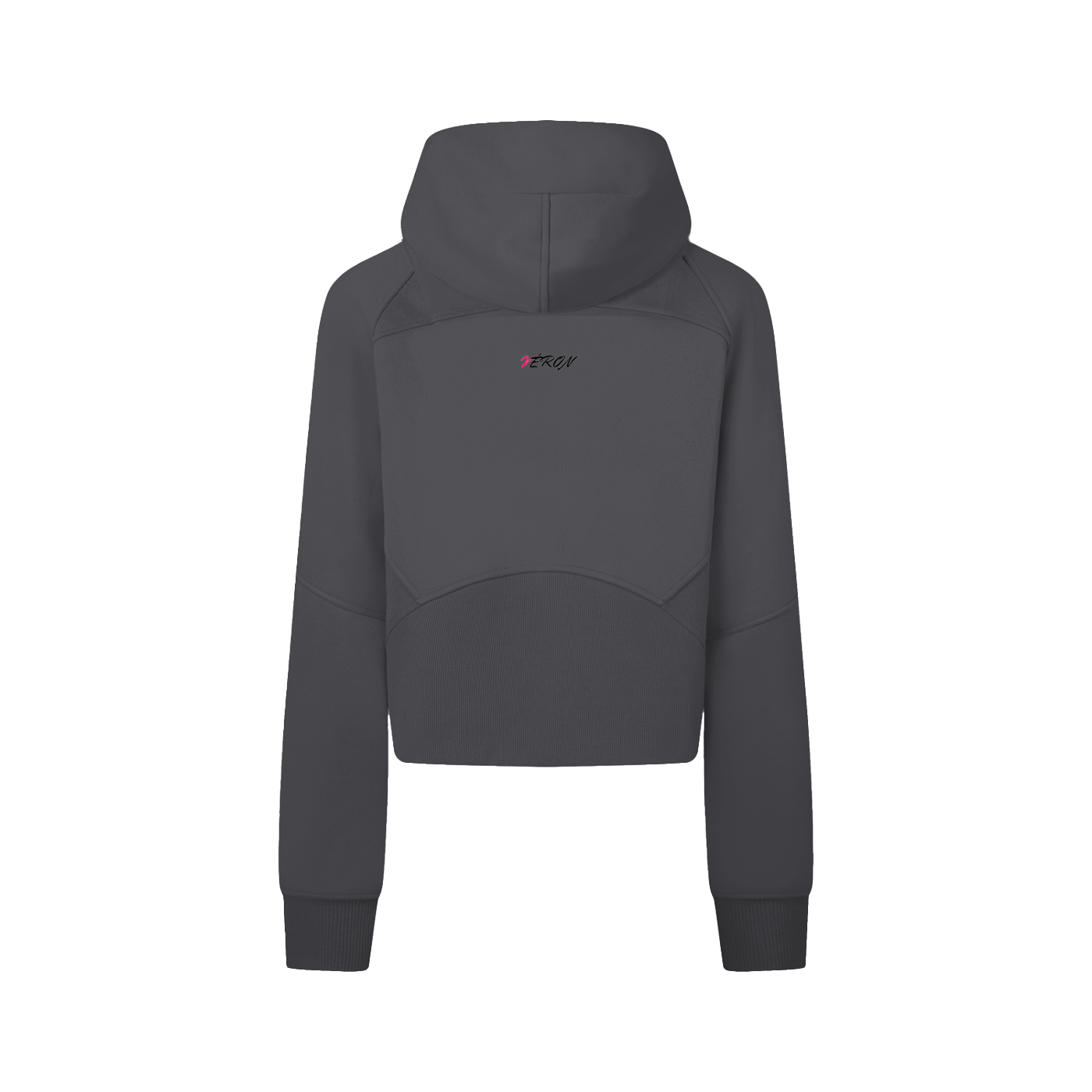 Dark gray hoodie with a brand logo on the back against a white background