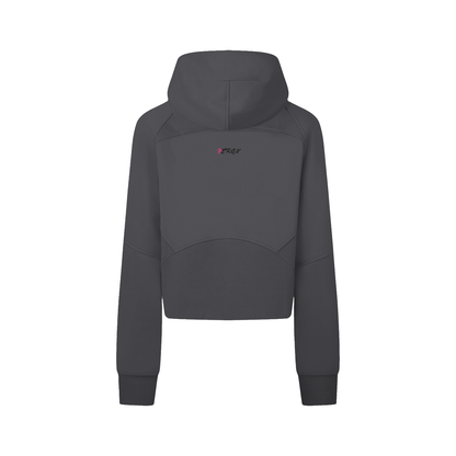 Dark gray hoodie with a brand logo on the back against a white background