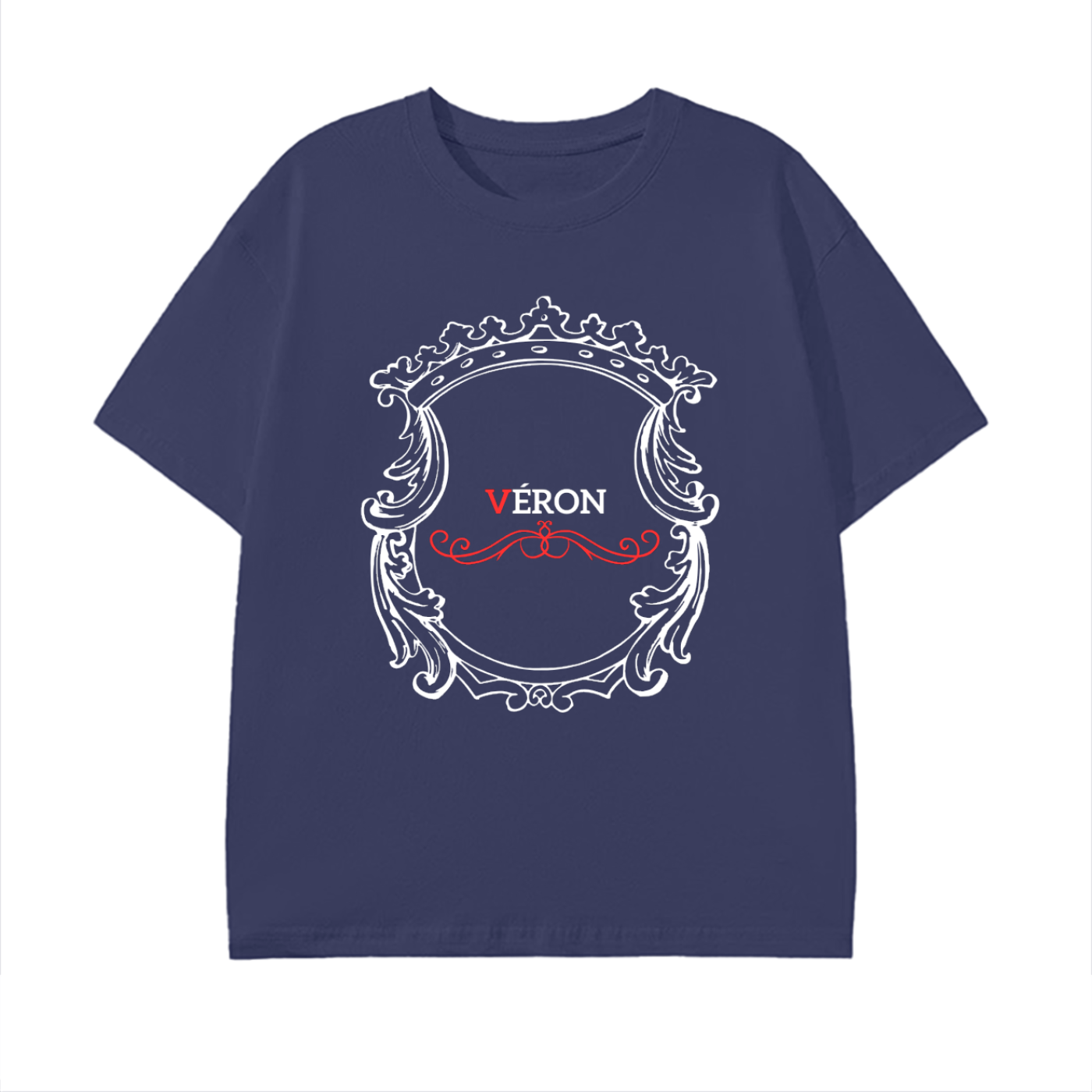 Navy blue t-shirt with decorative emblem and 'VERON' text on a white background