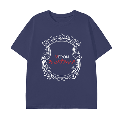 Navy blue t-shirt with decorative emblem and 'VERON' text on a white background