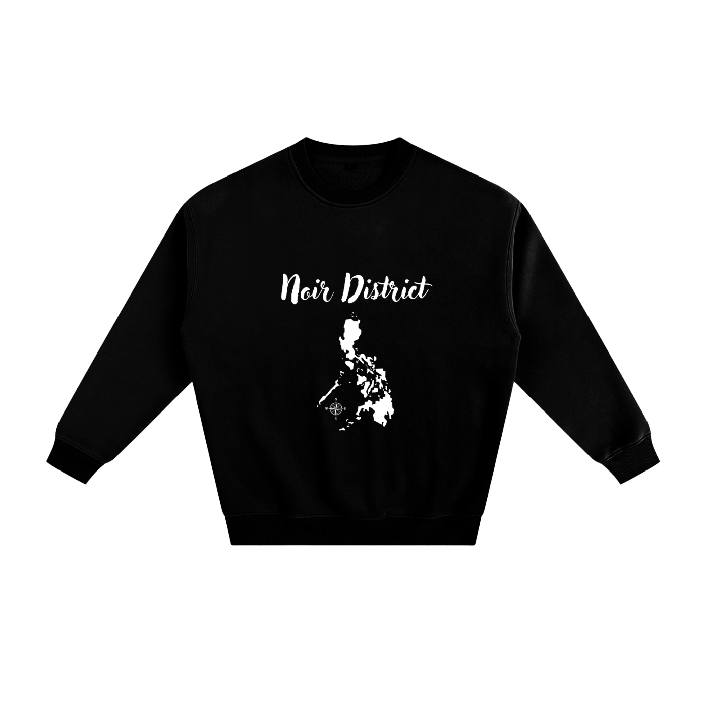 Black sweatshirt with 'Noir District' text and graphic on a white background