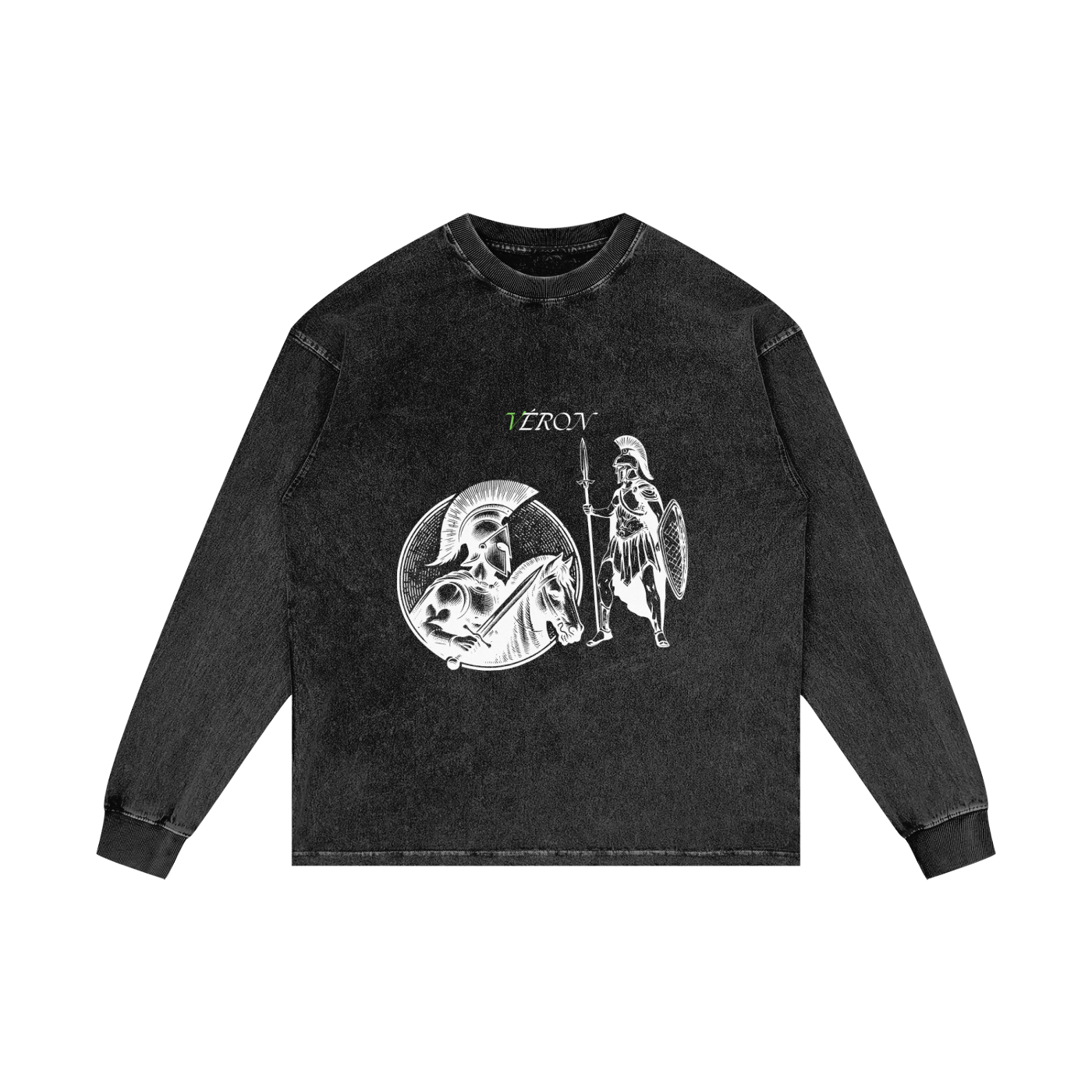 Black long-sleeve shirt with graphic design on a white background