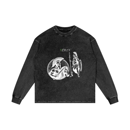 Black long-sleeve shirt with graphic design on a white background