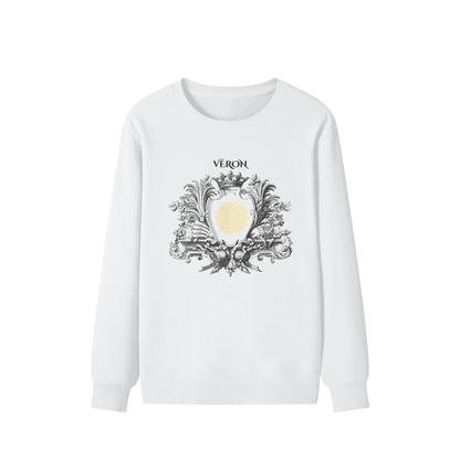 White Sweatshirt with decorative design and 'Véron' text on a white background