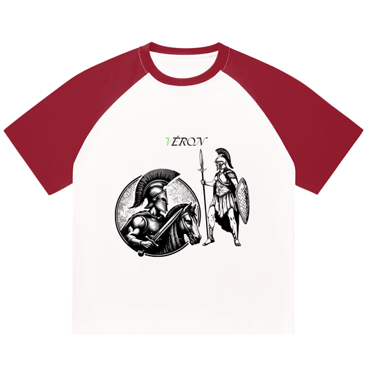 T-shirt with red sleeves and white body featuring a warrior design and 'Veron' branding.