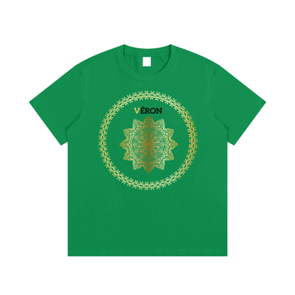Green t-shirt with a gold and white design and 'VERON' branding on a white background