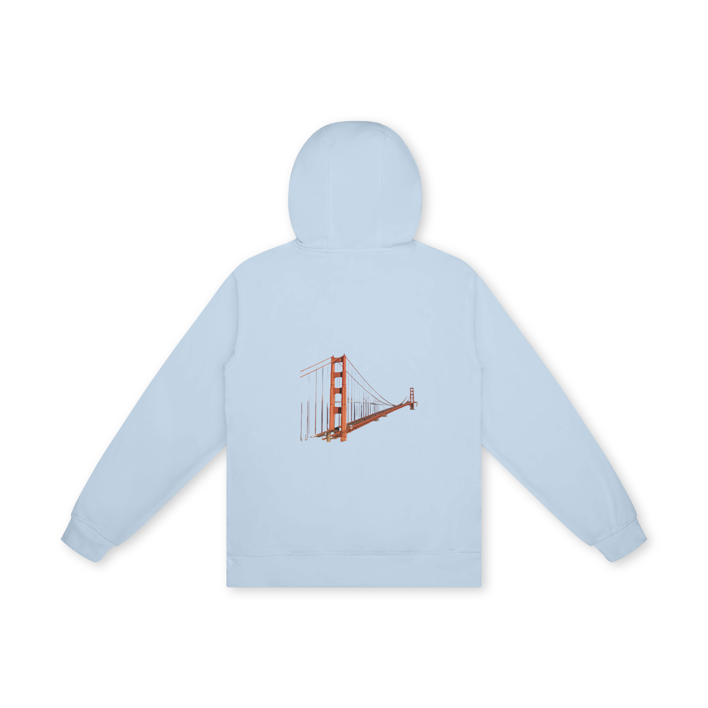 Light blue hoodie with a small graphic of the Golden Gate Bridge on a white background