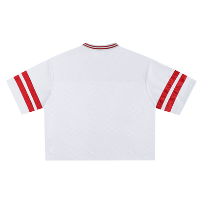 White baseball jersey with red accents on a white background