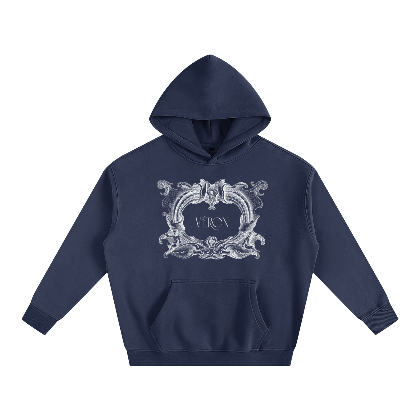 Navy blue hoodie with decorative white design and 'VERON' text on a white background