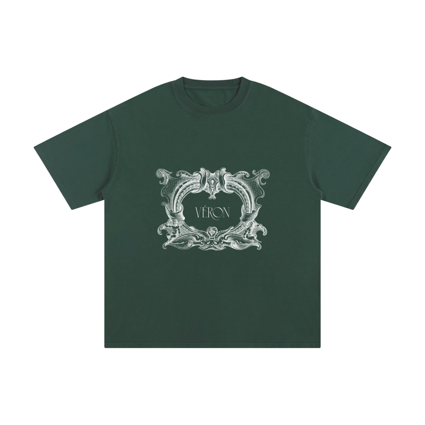 Green t-shirt with decorative emblem and 'VERON' text on a white background
