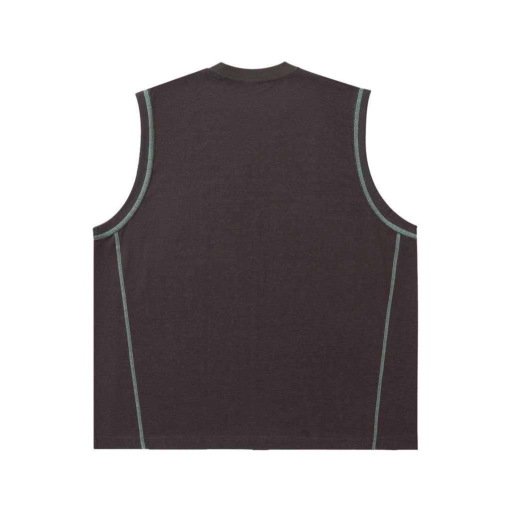 VERON Brown sleeveless shirt with green piping on a white background