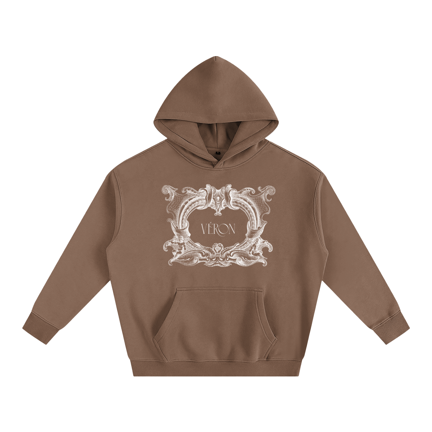 Brown hoodie with decorative white logo on a white background