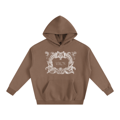 Brown hoodie with decorative white logo on a white background