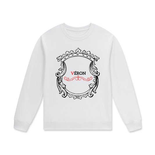 White Sweater shirt with decorative emblem and 'Véron' text on a white background