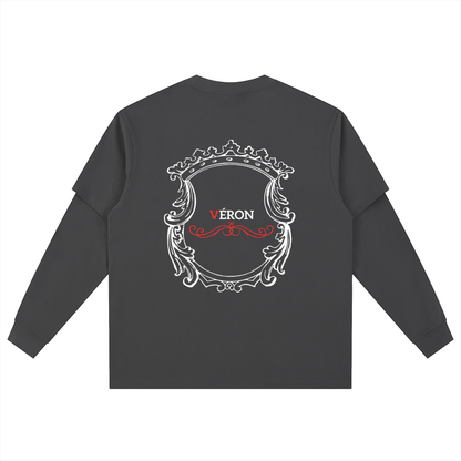 Black sweatshirt with decorative emblem and 'VERON' text on the back against a white background