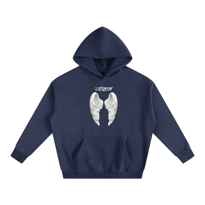 Navy blue hoodie with angel wings and text on a white background