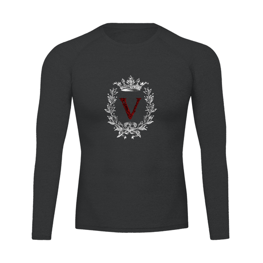 Black long-sleeve shirt with a decorative emblem featuring a red 'VERON' on a white background